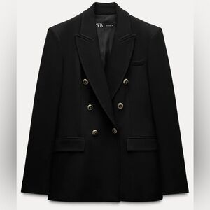 Zara Women's Black Double-Breasted Blazer, gold/black buttons